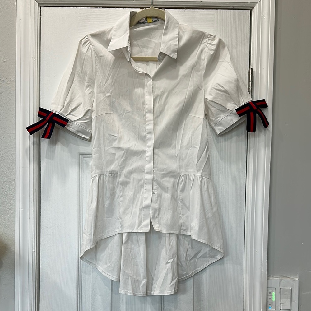 White Short Sleeve Blouse with Ribbon Detail